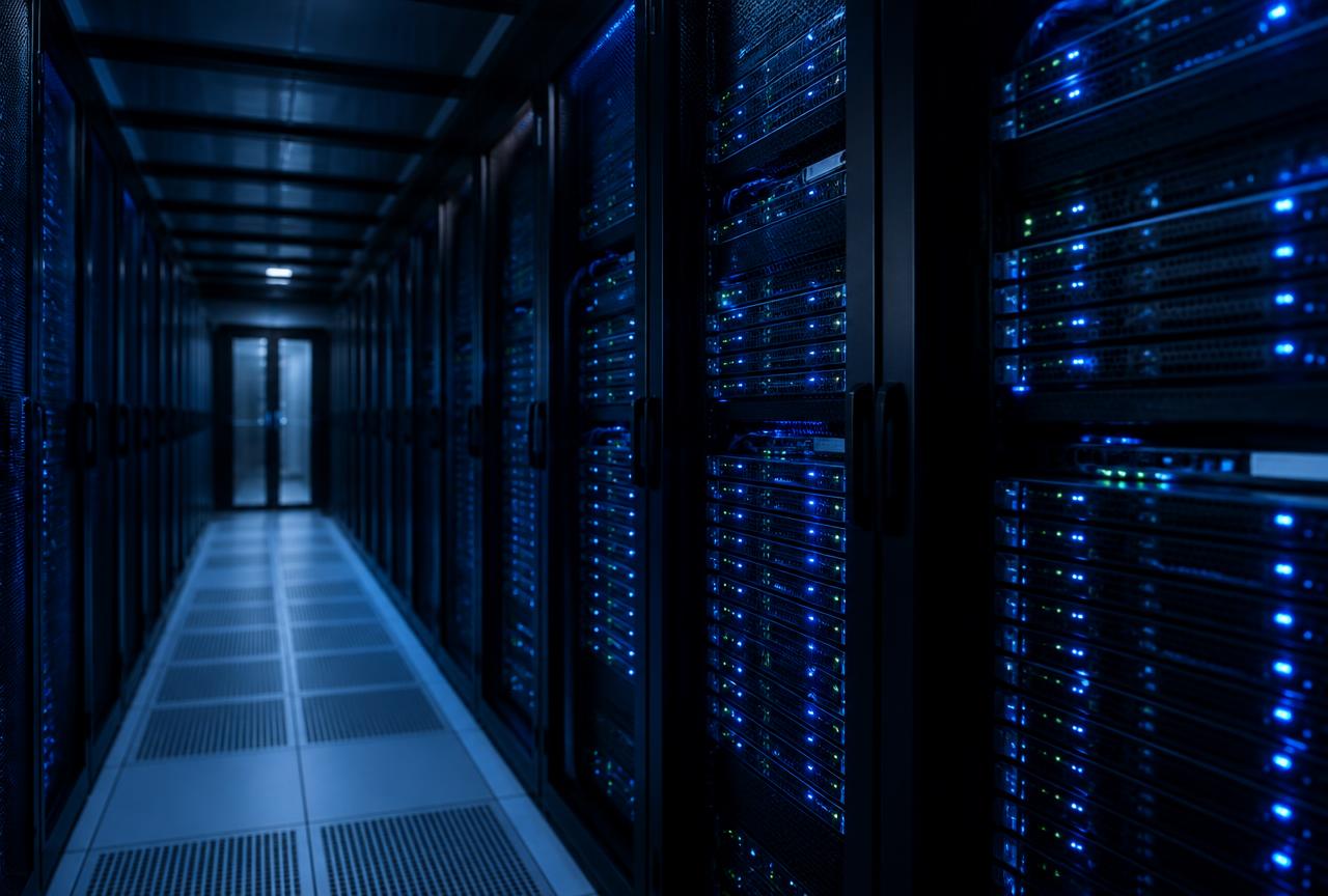 Pasillo de un data center empresarial con racks de red iluminados