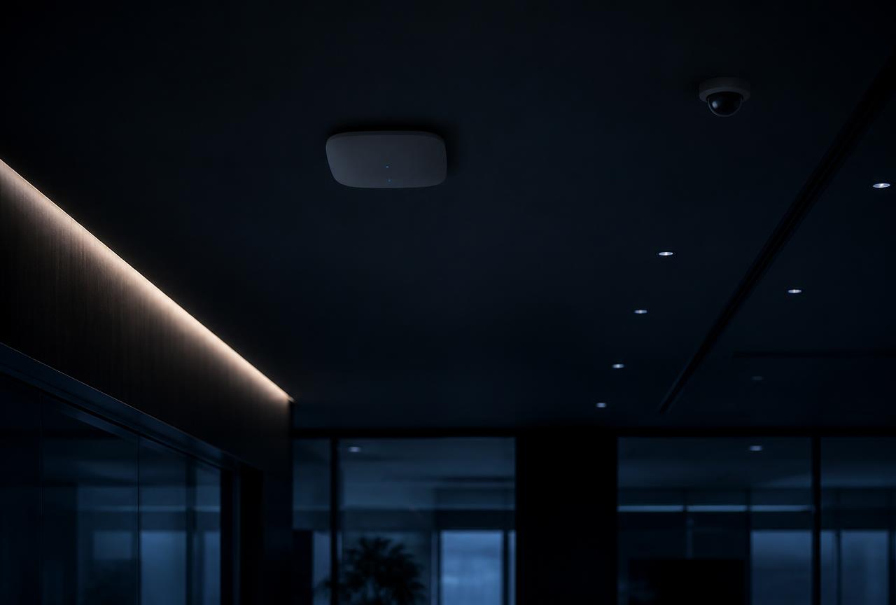 Access point y cámara IP instalados en un techo corporativo
